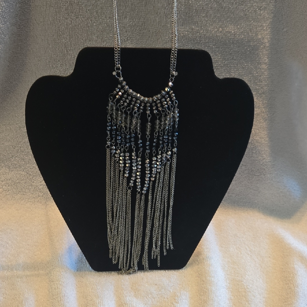 25" Silver Beaded Fringe Necklace